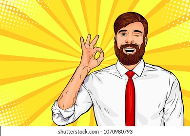 Hipster beard male businessman winks and shows okay or OK gesture. Pop art retro vector illustration. Success concept. Invitation poster.