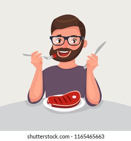 Hipster beard man is eating a meat. Meat eating concept of unhealthy nutrition and lifestyle. Vector illustration in cartoon style