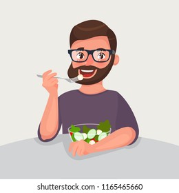 Hipster beard man is eating a salad. Vegetarian concept of healthy nutrition and lifestyle. Vector illustration in cartoon style