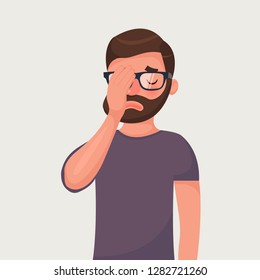 Hipster beard man in glasses make a facepalm gestures. Headache, disappointment or shame. Vector illustration in cartoon style