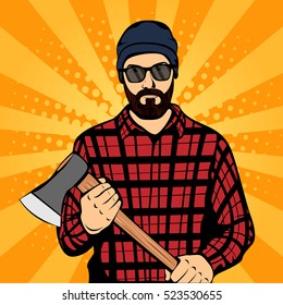 Hipster beard man holding the axe, lumberjack label badge, retro style, pop art, vector illustration