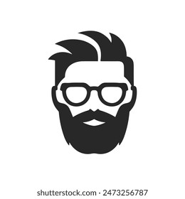 Hipster barba hombre Vector cara cabeza icono. Barbería hipster bigote silueta negro guapo elegante icono