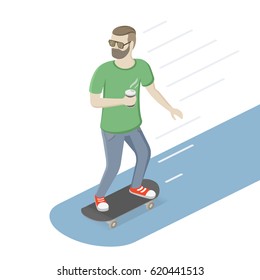 Hipster with beard and modern hairstyle. Man with takeaway coffee riding skateboard. Isometric view. Vector flat illustration.