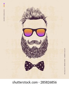 Hipster with beard, mustache and sunglasses. hand drawn illustration