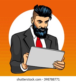 hipster beard and mustache to surf the Internet on your tablet style pop art retro