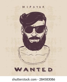 hipster with beard, mustage and sunglasses. hand drawn illustration