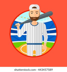 Hipster with the beard standing on a baseball stadium. Professional baseball player with a bat on his shoulder. Vector flat design illustration in the circle isolated on background.