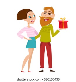 Hipster with beard in sweater offering christmas gift and stylish girlfriend in cartoon style on white background. Vector illustration of boy and girl used for magazine, book, poster, card, web pages.