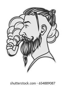 Hipster with beard and undercut hairstyle smoking tube portrait