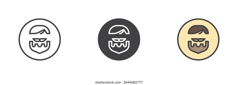 Hipster barbudo ícone de rosto com óculos de sol em linha, sólida, e colorido preenchido esboços estilos. Ícone de vetor definido para uso de logotipo de barbeiro, avatar ou símbolo de marca.