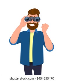 Hipster bearded man in casual wear looking through binoculars and gesturing, making success sign with raised hand fist. Male character is holding a binocular. Modern lifestyle, technology in cartoon.