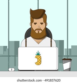Hipster bearded man doing job. Flat design vector illustration.