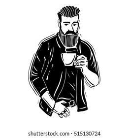 Hipster. A bearded man with a mug of coffee.This illustration can be used as a print on t-shirts and bags, stationary or as a poster. Vector illustration on isolated background.