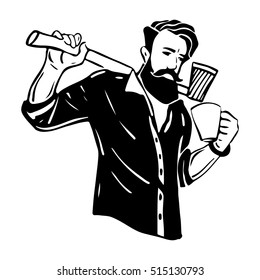 Hipster. A bearded man with a mug of coffee.This illustration can be used as a print on t-shirts and bags, stationary or as a poster. Vector illustration on isolated background.