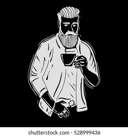 Hipster. A bearded man with a mug of coffee.This illustration can be used as a print on t-shirts and bags, stationary or as a poster. 