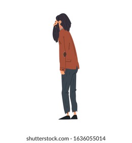 Hipster Bearded Man Standing Back and Looking at Something, View from Behind Vector Illustration
