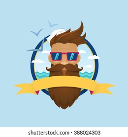 Hipster bearded man in sunglasses on sea waves, sky background label. 