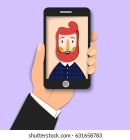 Hipster bearded man takes selfie using a smartphone. Young smiling guy taking self portrait. Close up man hand holding mobile phone. Modern paper art, Vector illustration