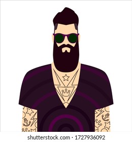 Hipster. A bearded man with tattoos and dark glasses. Fashionable haircut. Modern and fashionable image in purple tones. Vector illustration isolated on a white background for design and web.