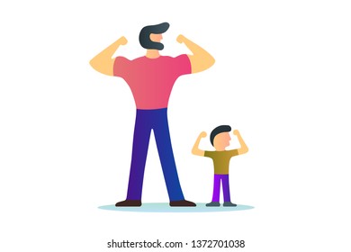Hipster bearded strong man father bodybuilder fitness showing muscles biceps with sun. Vector illustration cartoon style modern flat concept white background