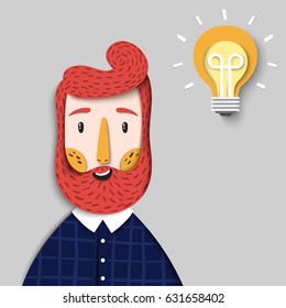 Hipster bearded thinking man with idea light bulb above head. Young smiling guy with beard in the modern design of realistic graphic paper. Creative vector cutout illustration and idea concept