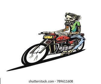 Hipster biker with long hairs, hand drawn sketch, transportation, driving bike, leisure, vector illustration