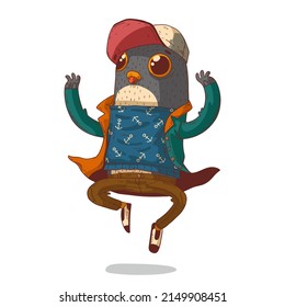 A Hipster Bird Hovering in the Air, isolated vector illustration. Levitating humanized pigeon. Trendy dressed anthropomorphic bird jumping. Spectacular magician. An animal character with a human body