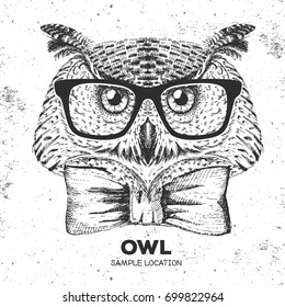 Hipster bird owl. Hand drawing Muzzle of bird owl