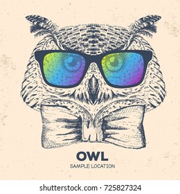 Hipster bird owl. Hand drawing Muzzle of bird owl