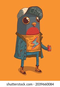 Un pájaro vestido con impermeable y una gorra bebe una bebida de un frasco