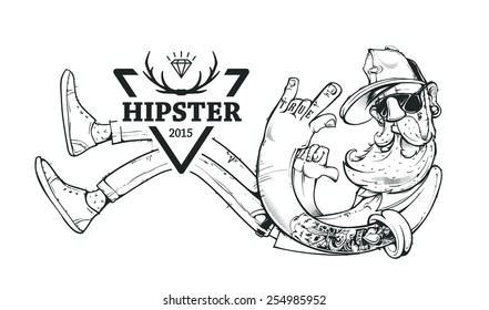 Carácter bizarro hipster con emblema de marca. Ilustración vectorial.