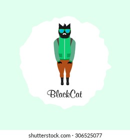 Hipster Black Cat  with a mustache Barber Cover Logo