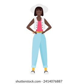 Hipster black girl with hands on hips. Cool girl with white hat cartoon vector illustration