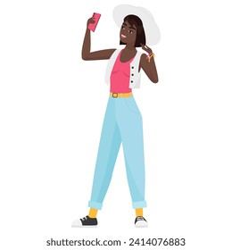 Hipster black girl taking selfie. Hipster girl blogger cartoon vector illustration