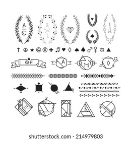 Hipster black and white graphic elements, peace, heart, plus, star, female, male, spade, diamond, club, note, registered trademark symbol, copyright, leaf