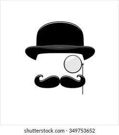 Hipster Black and White. Monocle. Mustaches. Hat.