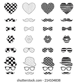 Hipster Black and White Retro Vintage Vector Icons with Geometric Hand Drawn Pattern Background