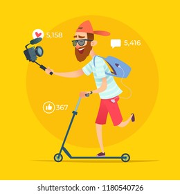 Hipster Blogger rides on skateboard and shoots video or streams online.