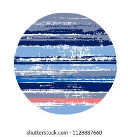 Hipster blue circle vector geometric shape with stripes texture of ink horizontal lines. Disk banner with old paint texture. Badge round shape circle logo element with grunge stripes background.