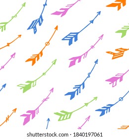 Hipster boho arrows vector seamless ornament. Ethnic aztec design. Indigenous indian theme. Boho arrows isolated. Kids room wallpaper pattern. Weapon objects.