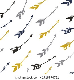 Hipster boho arrows vector seamless pattern. Ethnic vintage design. Tribal indian motif. Cupid arrows isolated. Boys room wallpaper pattern. Hunting objects.