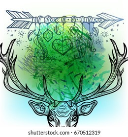 Hipster Boho chic deer on magic indigo spaces watercolor handcrafted background. Tribal totem talisman symbol.Fashion poster design.Vector.