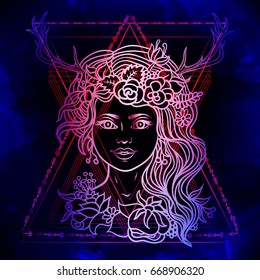 Hipster Boho chic Female shaman with horns on magic indigo spaces background. tattoo line zentangle hipster art, coloring books.