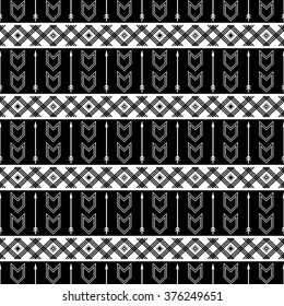 Hipster boho style seamless pattern.  Ethnic aztec elements. Abstract vector illustration with arrows. Black and white.