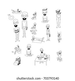 Hipster and book, hand dawn vector illustration.