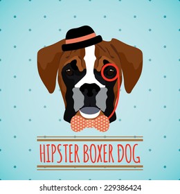 Hipster boxer dog with hat monocle and bow tie portrait with ribbon poster vector illustration