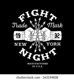 hipster boxing vintage vector label , badge , logo  " Fight Night " for poster, flyer or t-shirt print with fist, lightning and lettering