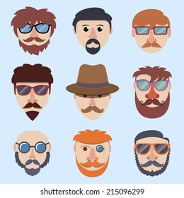 Hipster boy faces with beards and mustaches in sunglasses isolated vector illustration
