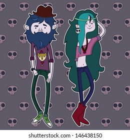 Hipster boy and girl in color on the background of skulls - rock style