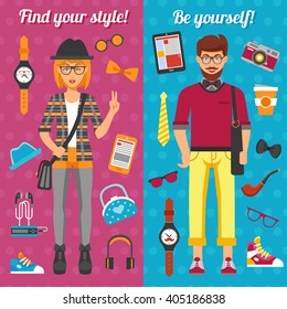 Hipster boy and girl vertical banners with young stylish persons and fashionable colorful stuff isolated vector illustration 